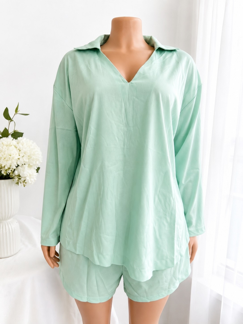 chic Mint Green V-Neck Long Sleeve Top & Shorts Sleep Set